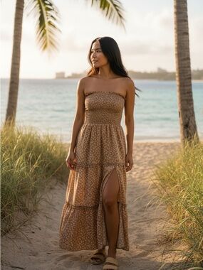 Boho Beachy Strapless Smocked Tier Blush Maxi Dress with Side Slit Size Large